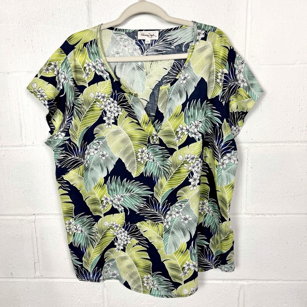 Panama Jack Tropical Leaf Print V-Neck Blouse in Navy, Lime & Mint